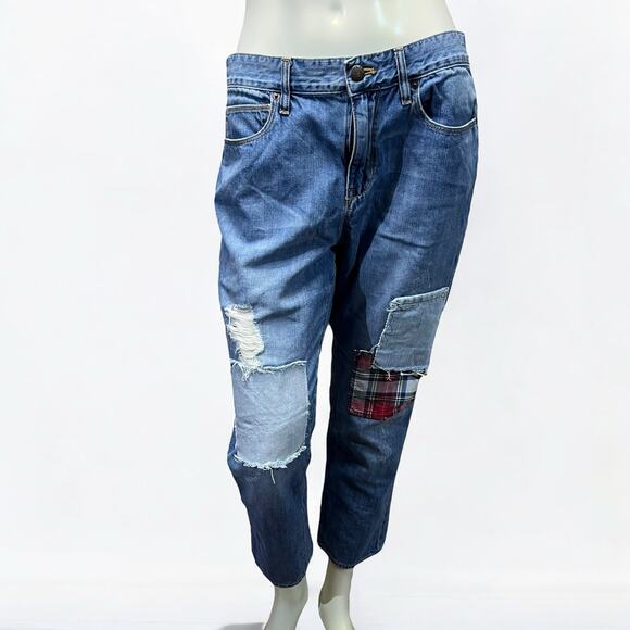 J.Crew Distressed Patchwork Boyfriend Jeans Plaid Detail Size 30 Crop Ankle - Picture 1 of 16